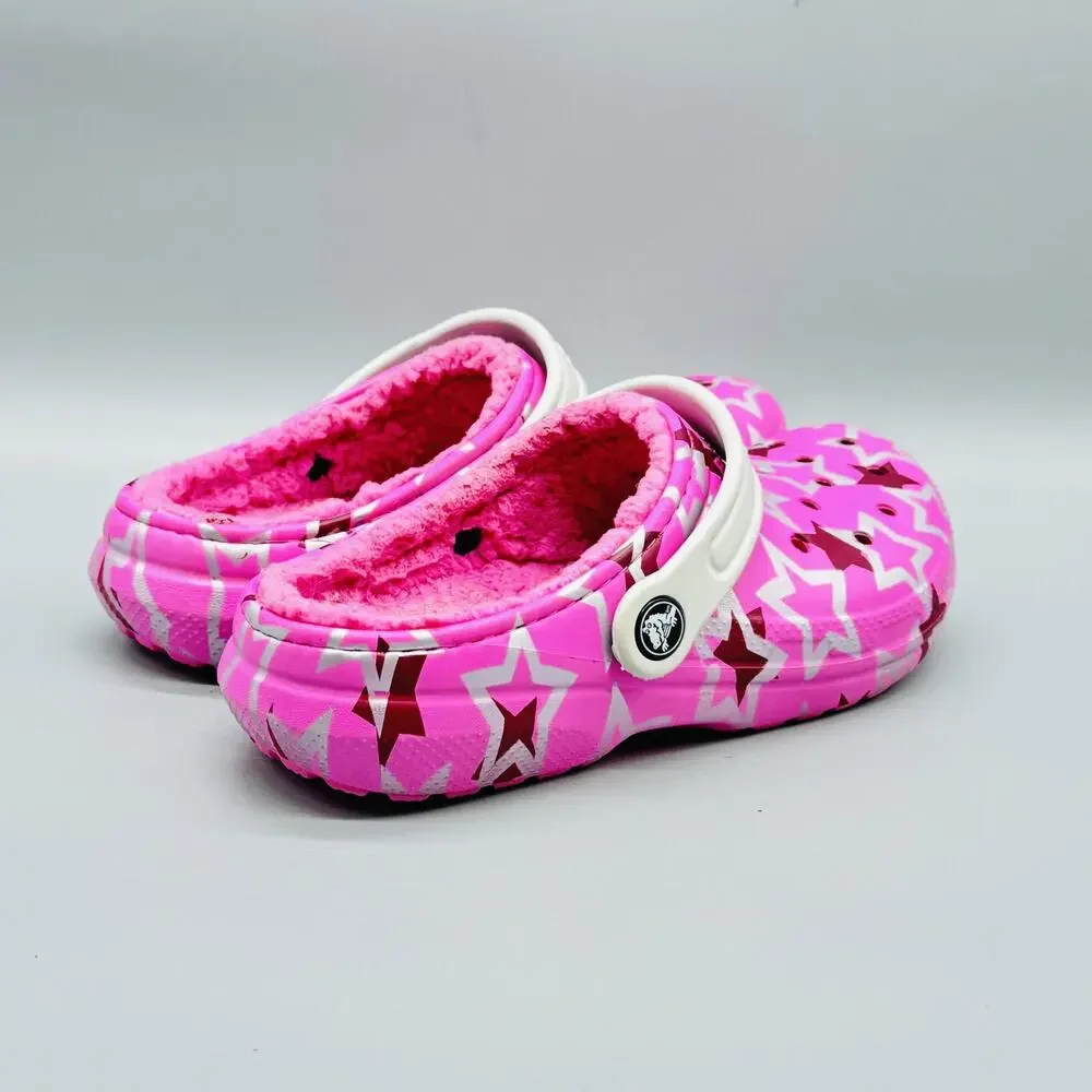 Crocs Shoes Girls 3 Pink Star Classic Lined Fuzzy Clog Slip On Winter Comfort
